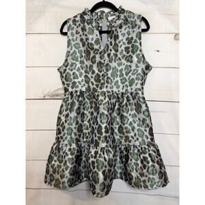 Karlie Size‎ LG Sleeveless Dress Grey Silver Green Animal Print Ruffled Collar